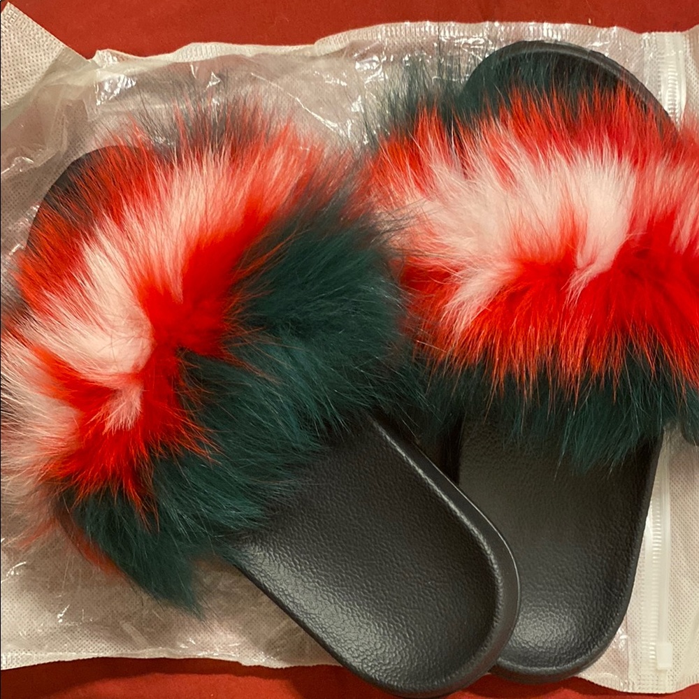 Furry Red and Green Slide Sandals